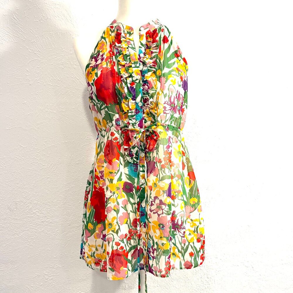 Sleeveless Tunic Blouse by Twentyone, Size L, Front Ruffle, Front Tie, Light Fab